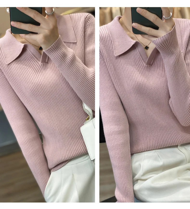 Autumn Winter New Ladies Elegant 100% Cotton Sweater Casual Polo Collar Pullover Knitted Sweater Slim Bottoming Tops Commuter