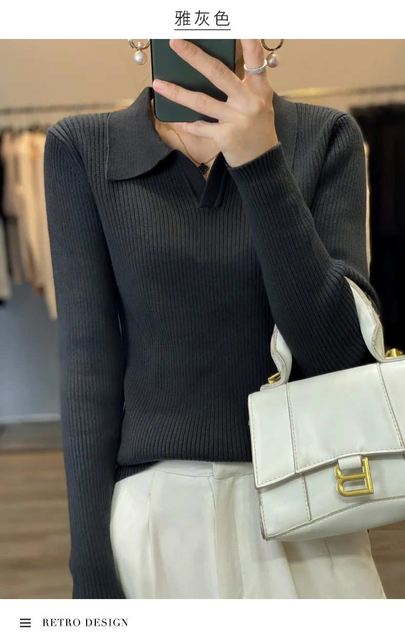 Autumn Winter New Ladies Elegant 100% Cotton Sweater Casual Polo Collar Pullover Knitted Sweater Slim Bottoming Tops Commuter