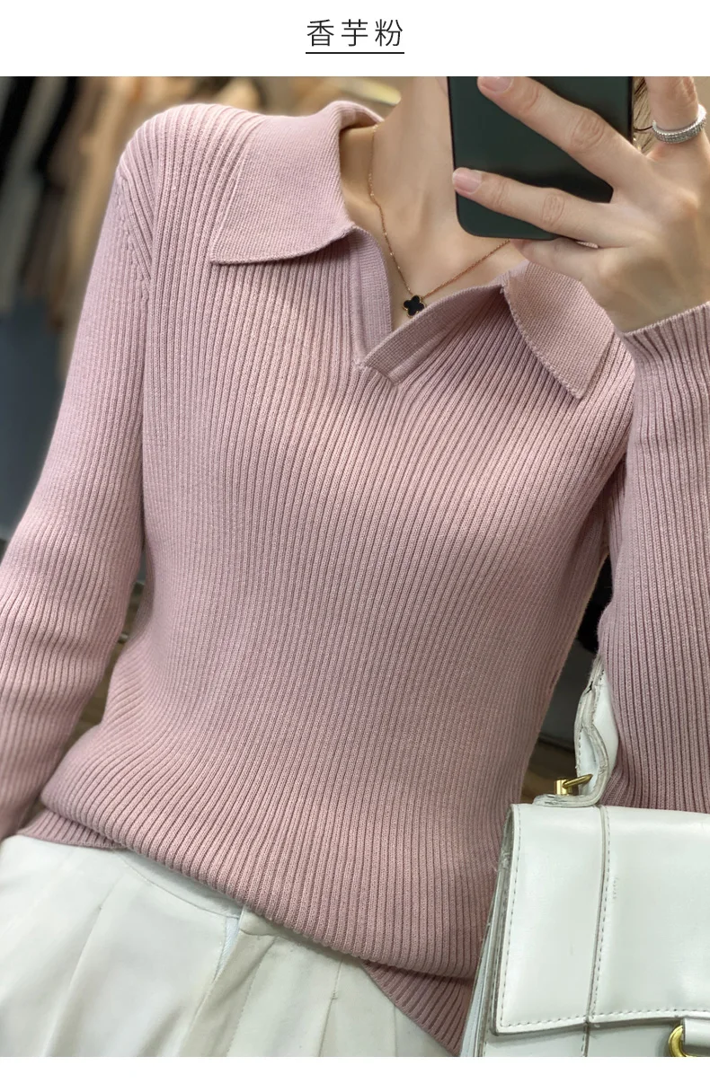 Autumn Winter New Ladies Elegant 100% Cotton Sweater Casual Polo Collar Pullover Knitted Sweater Slim Bottoming Tops Commuter
