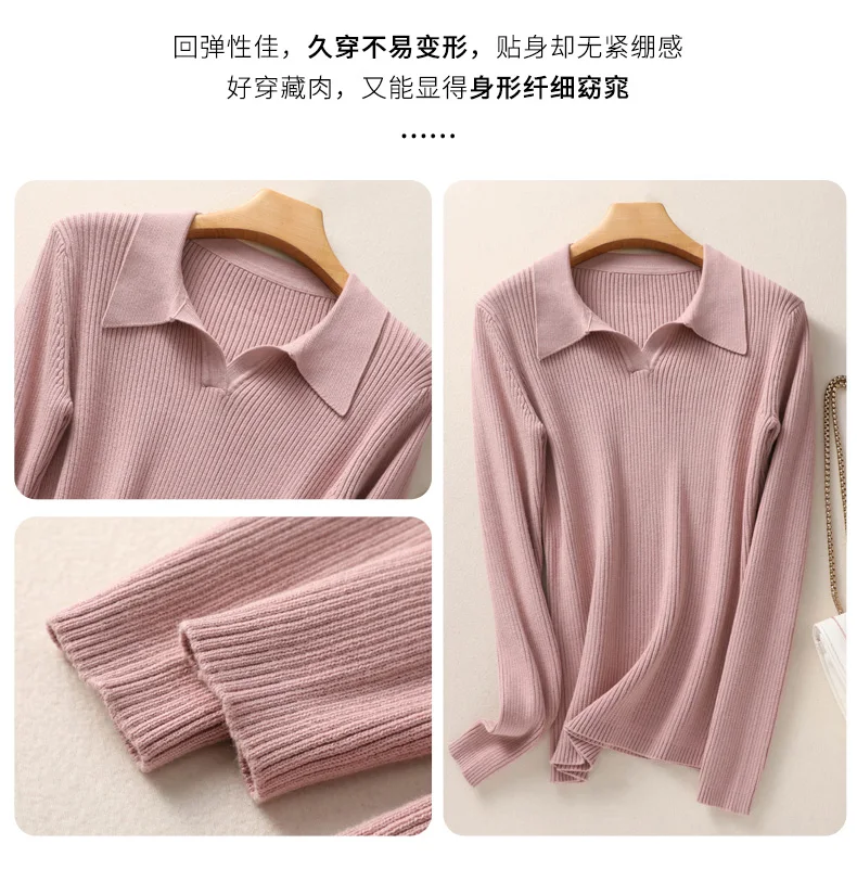 Autumn Winter New Ladies Elegant 100% Cotton Sweater Casual Polo Collar Pullover Knitted Sweater Slim Bottoming Tops Commuter