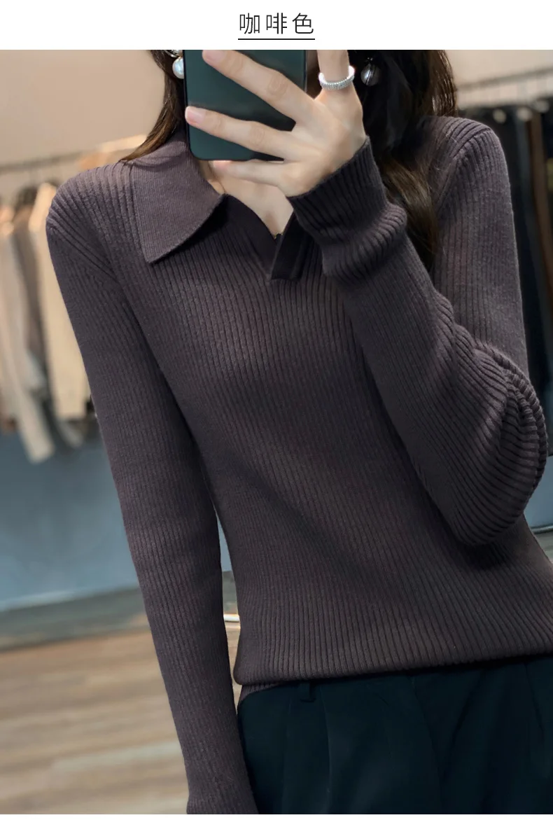 Autumn Winter New Ladies Elegant 100% Cotton Sweater Casual Polo Collar Pullover Knitted Sweater Slim Bottoming Tops Commuter