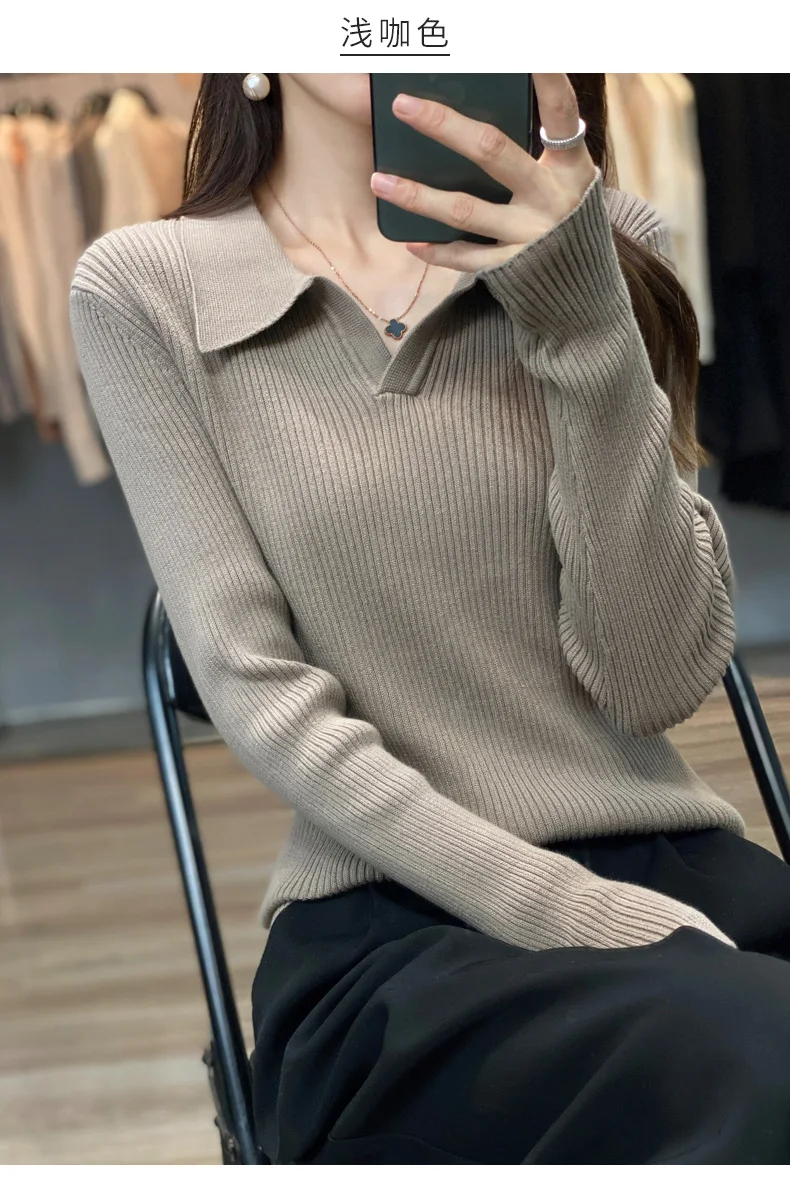 Autumn Winter New Ladies Elegant 100% Cotton Sweater Casual Polo Collar Pullover Knitted Sweater Slim Bottoming Tops Commuter