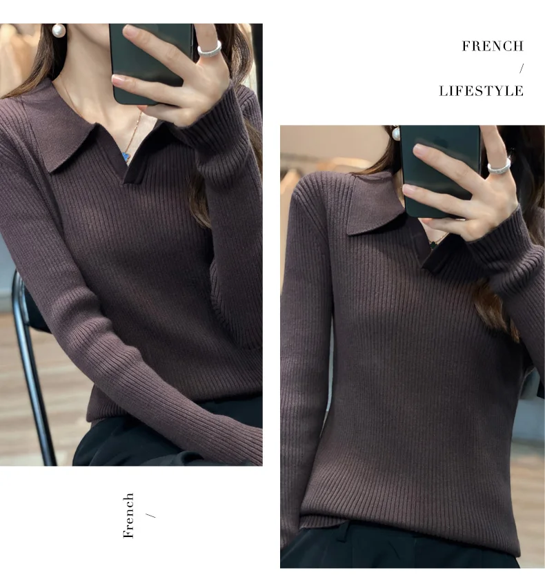 Autumn Winter New Ladies Elegant 100% Cotton Sweater Casual Polo Collar Pullover Knitted Sweater Slim Bottoming Tops Commuter