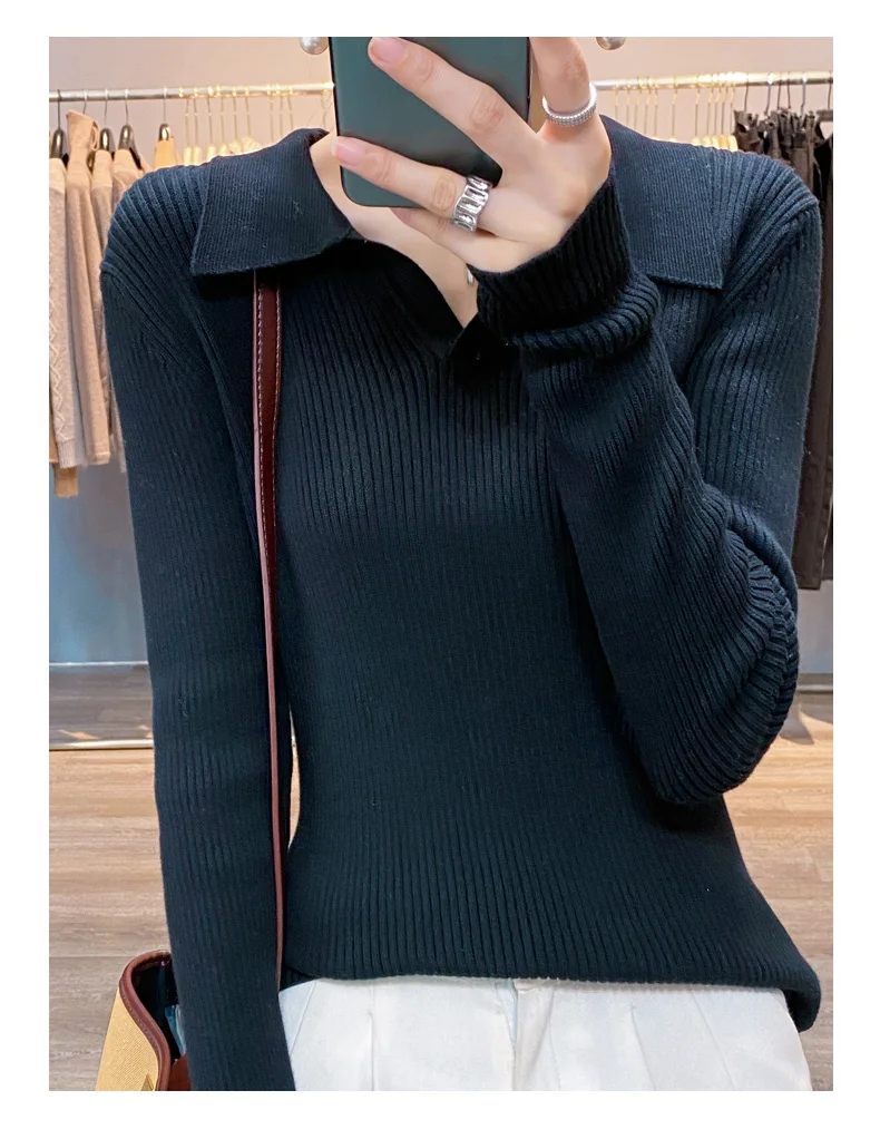 Autumn Winter New Ladies Elegant 100% Cotton Sweater Casual Polo Collar Pullover Knitted Sweater Slim Bottoming Tops Commuter