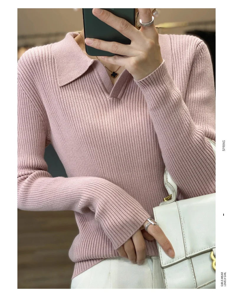 Autumn Winter New Ladies Elegant 100% Cotton Sweater Casual Polo Collar Pullover Knitted Sweater Slim Bottoming Tops Commuter