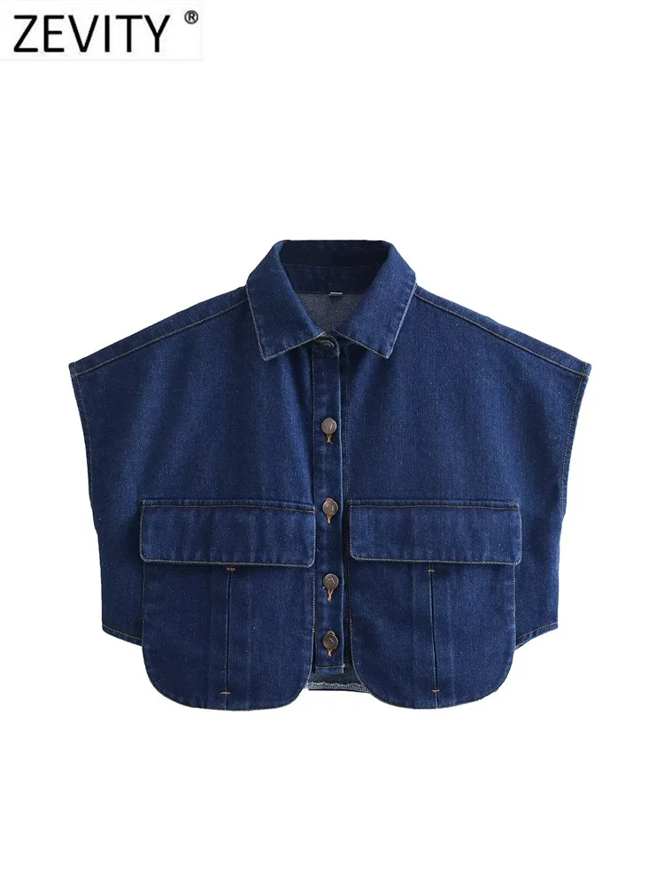 Zevity Women Fashion Solid Color Double Pocket Patch Short Denim Blouse Female Button Shirt Chic Chemise Crop Blusas Tops LS5015