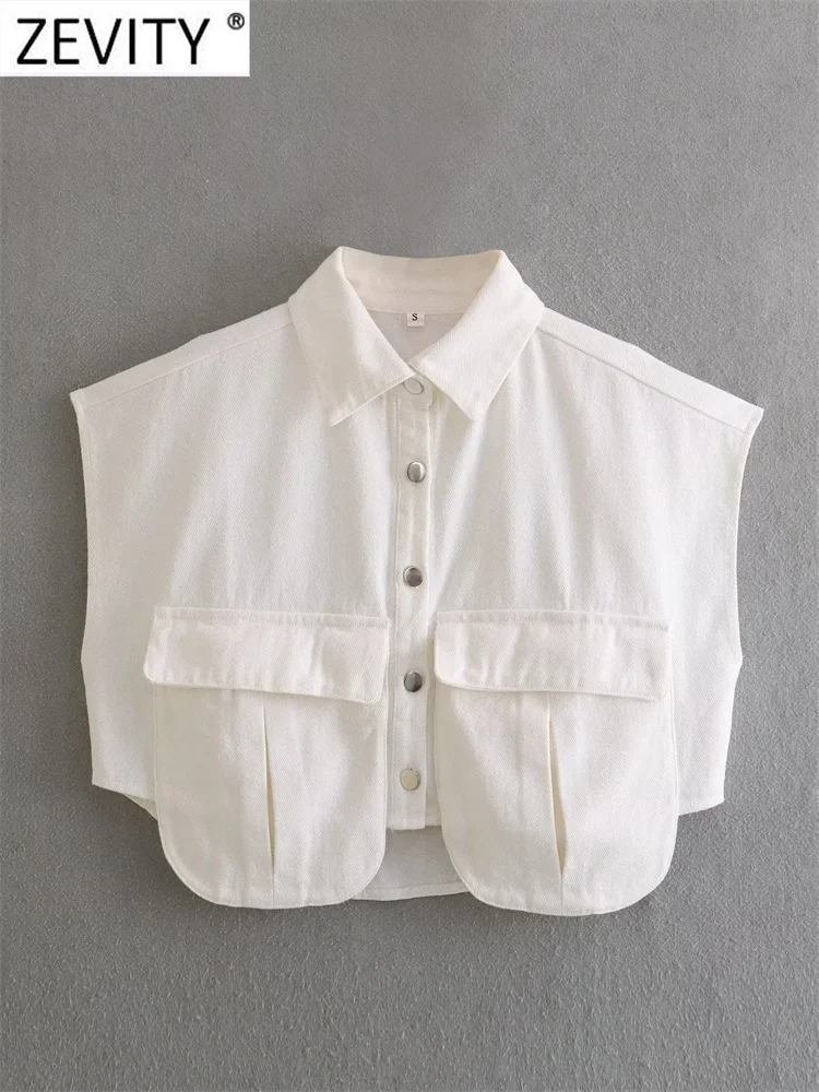 Zevity Women Fashion Solid Color Double Pocket Patch Short Denim Blouse Female Button Shirt Chic Chemise Crop Blusas Tops LS5015