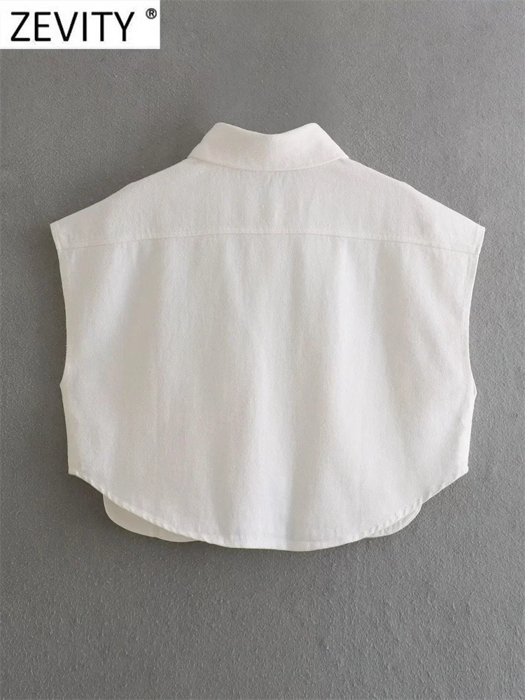 Zevity Women Fashion Solid Color Double Pocket Patch Short Denim Blouse Female Button Shirt Chic Chemise Crop Blusas Tops LS5015