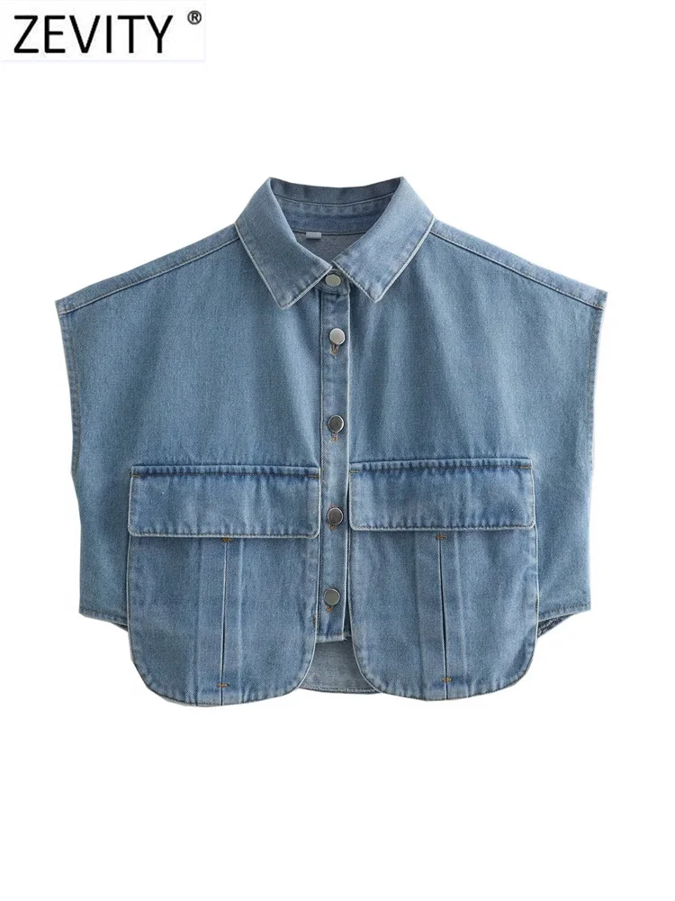 Zevity Women Fashion Solid Color Double Pocket Patch Short Denim Blouse Female Button Shirt Chic Chemise Crop Blusas Tops LS5015
