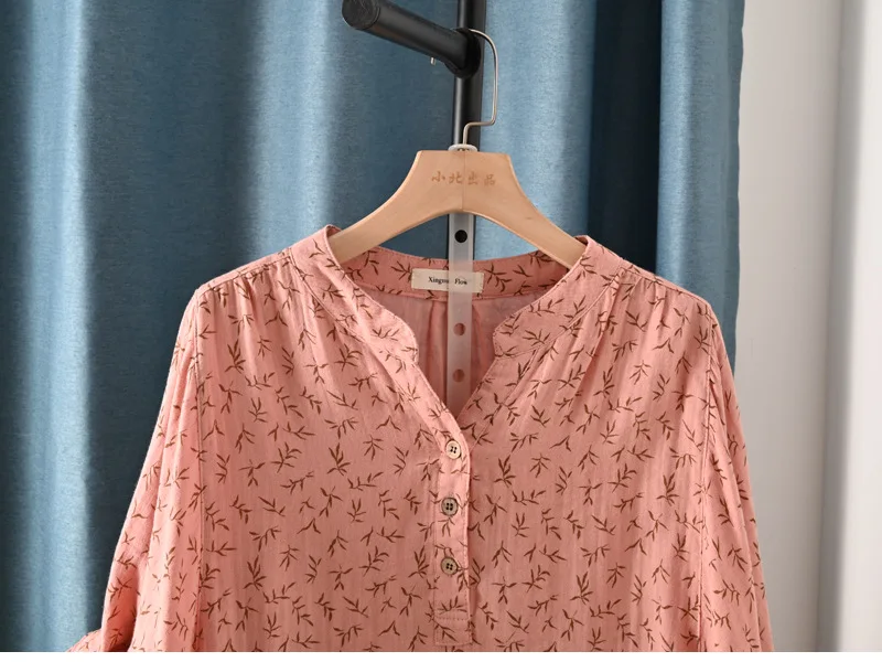 New Spring 100% Cotton Casual Shirt Women Batwing Sleeve Stand Collar Printed Top Girl OL Loose Blouses 2024 Summer T447104QM