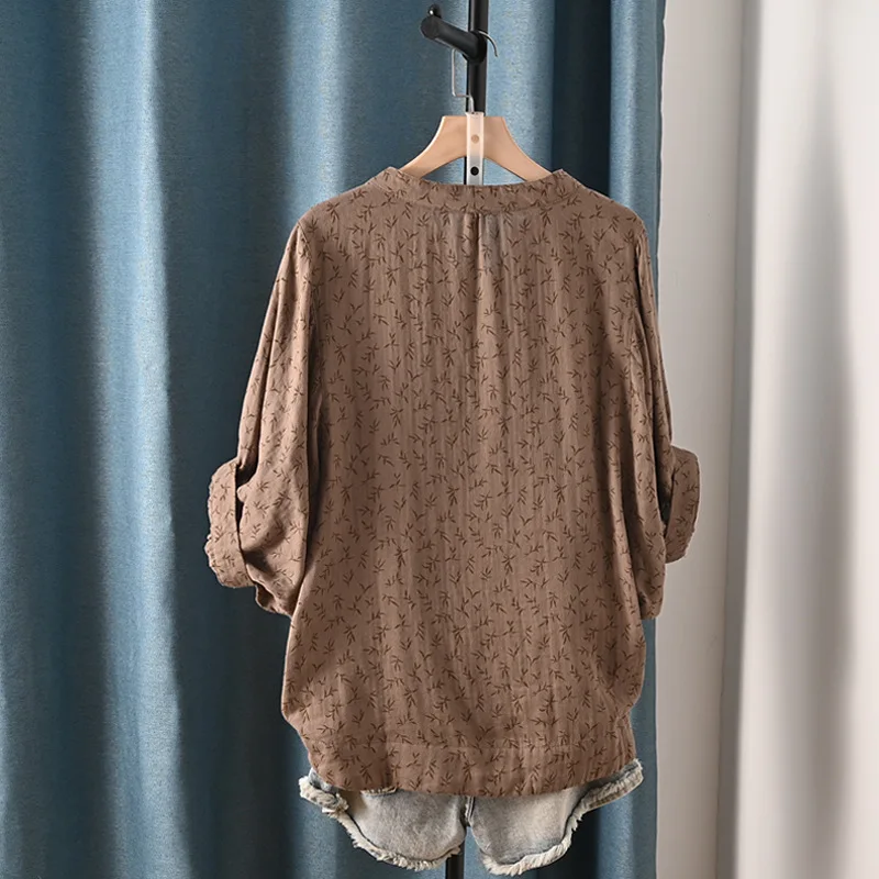 New Spring 100% Cotton Casual Shirt Women Batwing Sleeve Stand Collar Printed Top Girl OL Loose Blouses 2024 Summer T447104QM