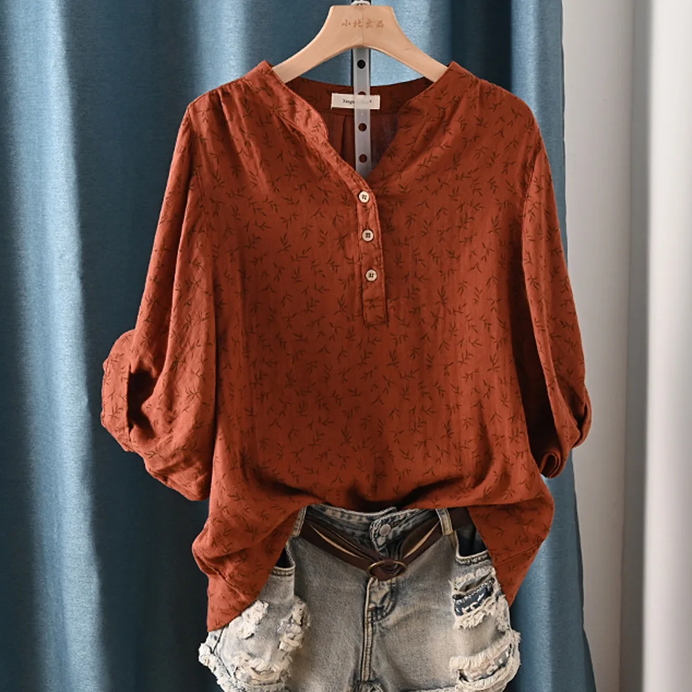 New Spring 100% Cotton Casual Shirt Women Batwing Sleeve Stand Collar Printed Top Girl OL Loose Blouses 2024 Summer T447104QM