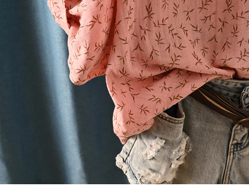New Spring 100% Cotton Casual Shirt Women Batwing Sleeve Stand Collar Printed Top Girl OL Loose Blouses 2024 Summer T447104QM