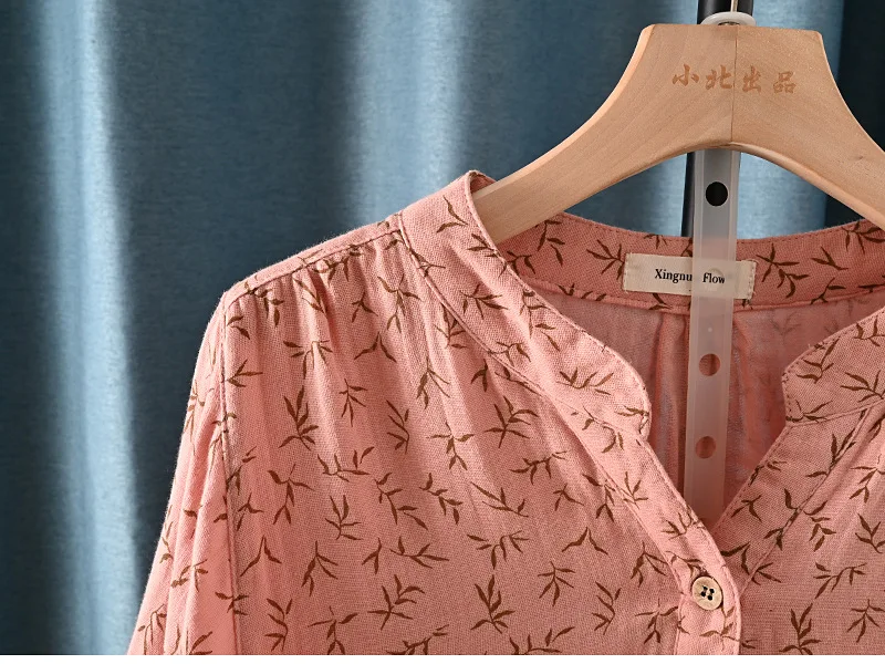 New Spring 100% Cotton Casual Shirt Women Batwing Sleeve Stand Collar Printed Top Girl OL Loose Blouses 2024 Summer T447104QM