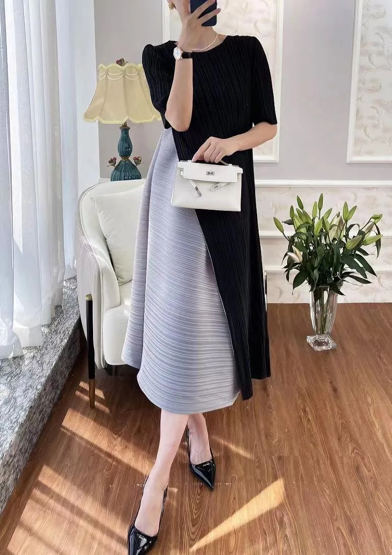 Miyake Pleated Dress Mid-length Fake Two-way Stitching Design Casual Loose Self-Cultivation Skirt Black and Gray 2021 Summer New