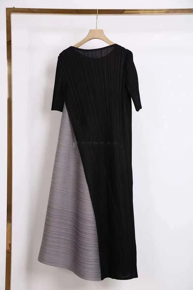 Miyake Pleated Dress Mid-length Fake Two-way Stitching Design Casual Loose Self-Cultivation Skirt Black and Gray 2021 Summer New