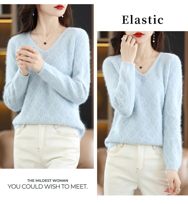 100% Mink Cashmere Women's Sweater Knitted Long Sleeve Pullover V-Neck Loose Underlay Soft Fashion Women's Top