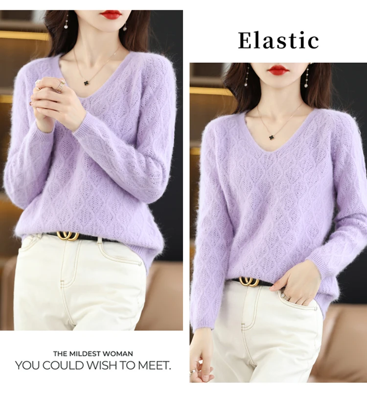 100% Mink Cashmere Women's Sweater Knitted Long Sleeve Pullover V-Neck Loose Underlay Soft Fashion Women's Top