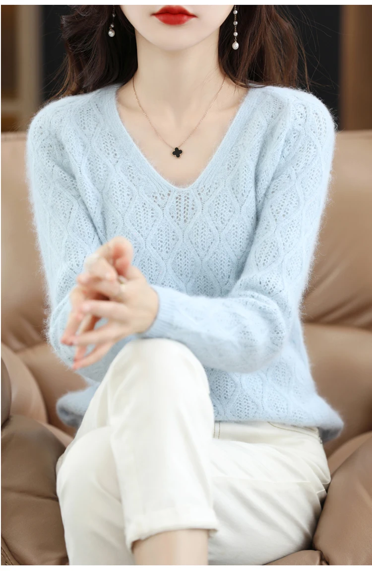 100% Mink Cashmere Women's Sweater Knitted Long Sleeve Pullover V-Neck Loose Underlay Soft Fashion Women's Top