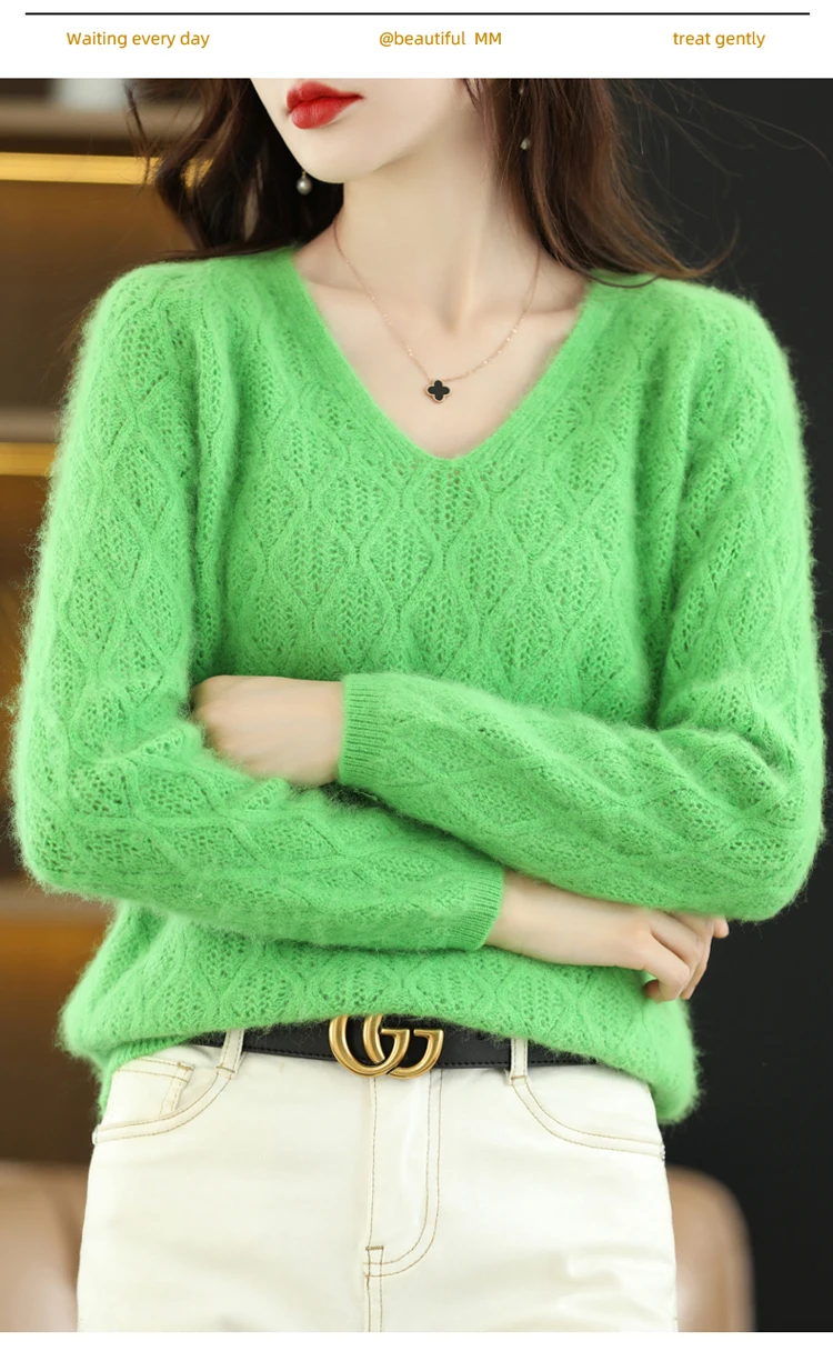 100% Mink Cashmere Women's Sweater Knitted Long Sleeve Pullover V-Neck Loose Underlay Soft Fashion Women's Top