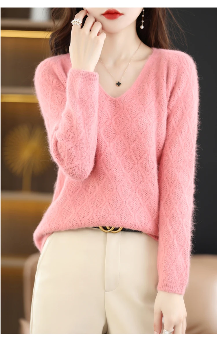 100% Mink Cashmere Women's Sweater Knitted Long Sleeve Pullover V-Neck Loose Underlay Soft Fashion Women's Top
