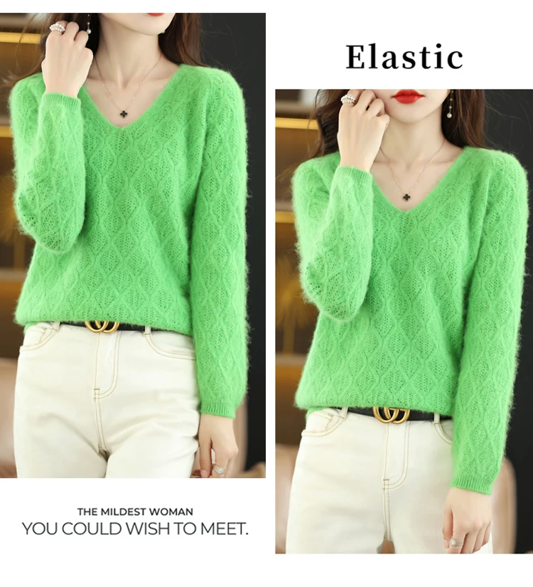 100% Mink Cashmere Women's Sweater Knitted Long Sleeve Pullover V-Neck Loose Underlay Soft Fashion Women's Top