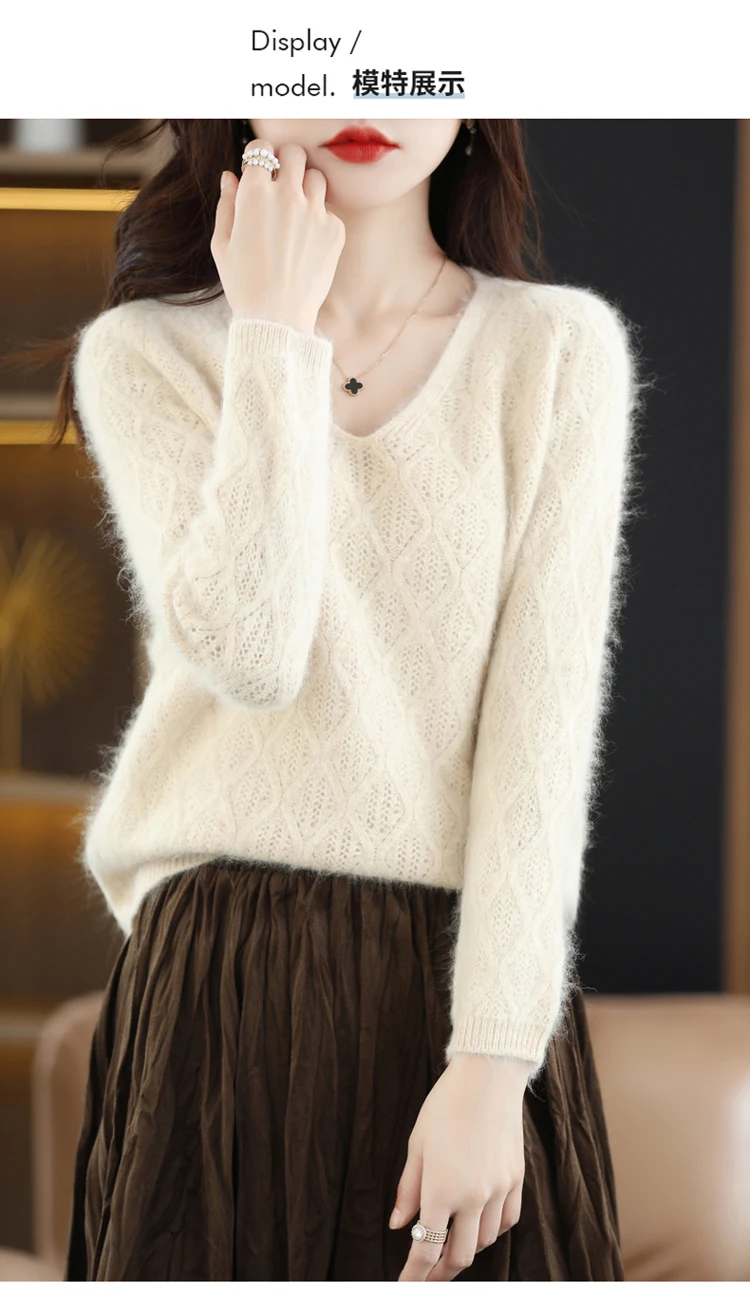 100% Mink Cashmere Women's Sweater Knitted Long Sleeve Pullover V-Neck Loose Underlay Soft Fashion Women's Top