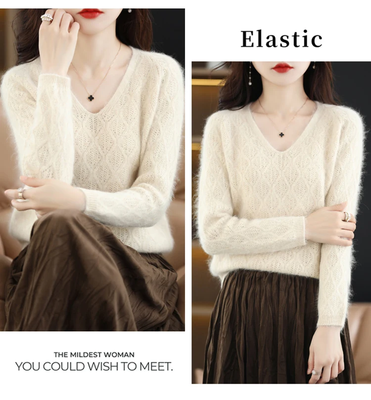 100% Mink Cashmere Women's Sweater Knitted Long Sleeve Pullover V-Neck Loose Underlay Soft Fashion Women's Top