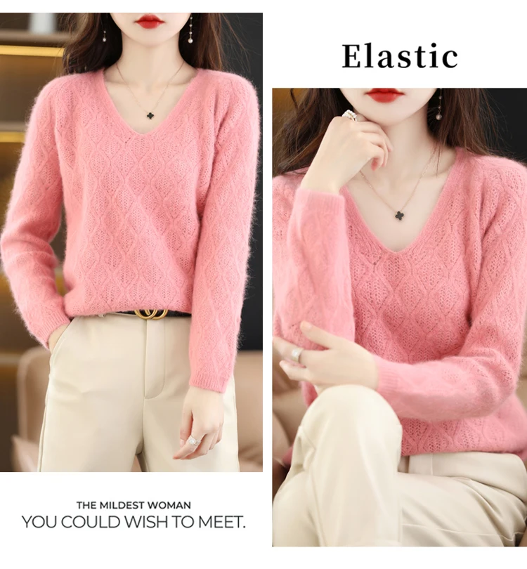 100% Mink Cashmere Women's Sweater Knitted Long Sleeve Pullover V-Neck Loose Underlay Soft Fashion Women's Top