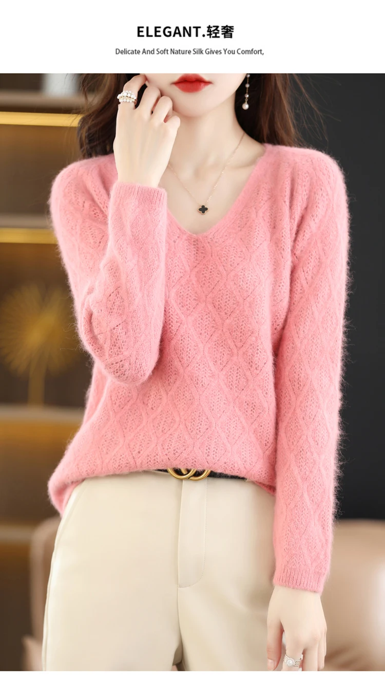 100% Mink Cashmere Women's Sweater Knitted Long Sleeve Pullover V-Neck Loose Underlay Soft Fashion Women's Top