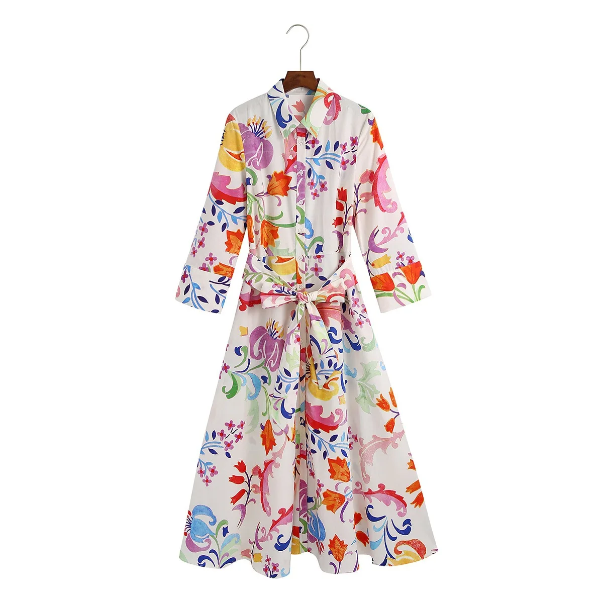 Summer Women Vintage Totem Floral Print Dress With Bow Female Sashes Midi Shirt Dress Chic Casual Slim Dresses Vestido