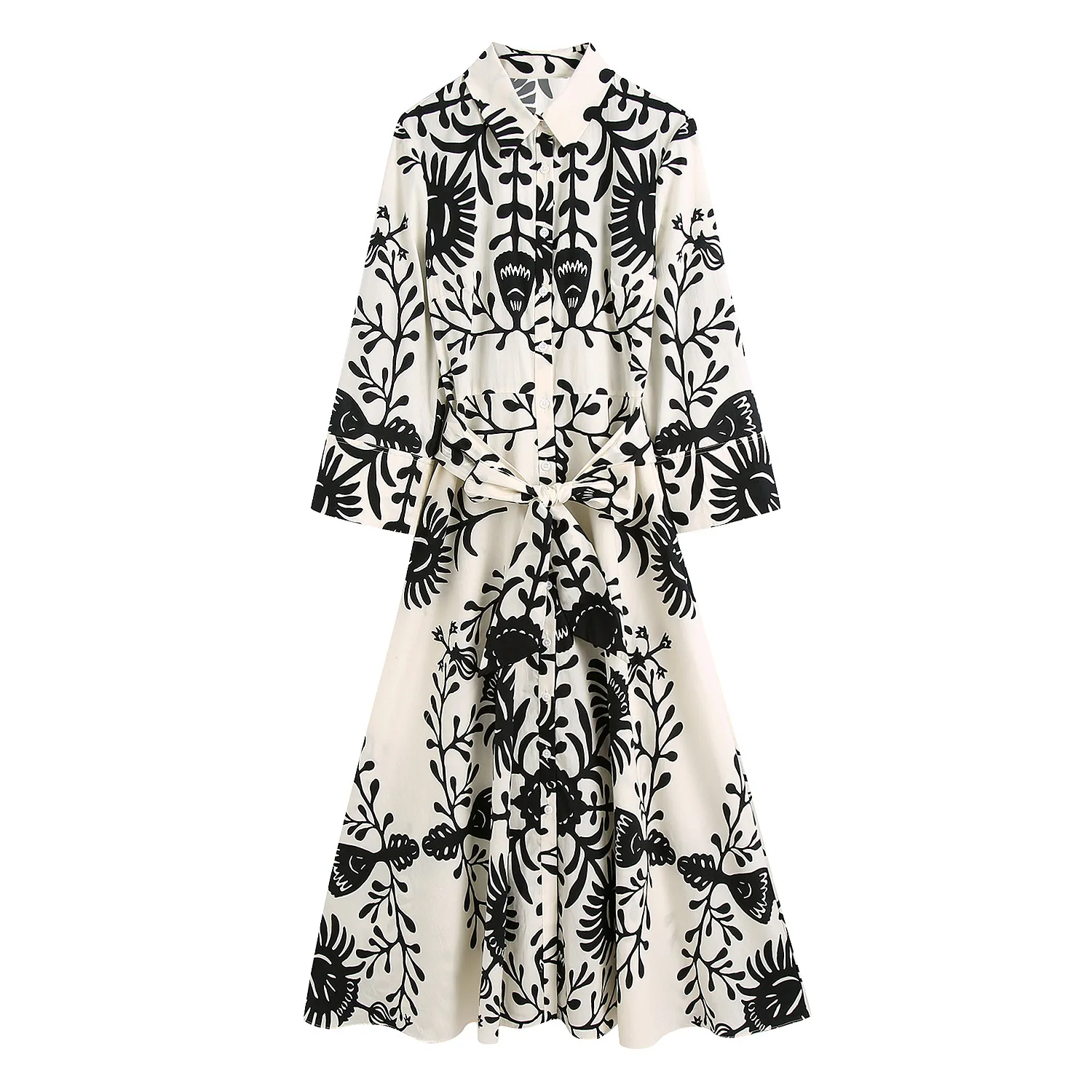Summer Women Vintage Totem Floral Print Dress With Bow Female Sashes Midi Shirt Dress Chic Casual Slim Dresses Vestido