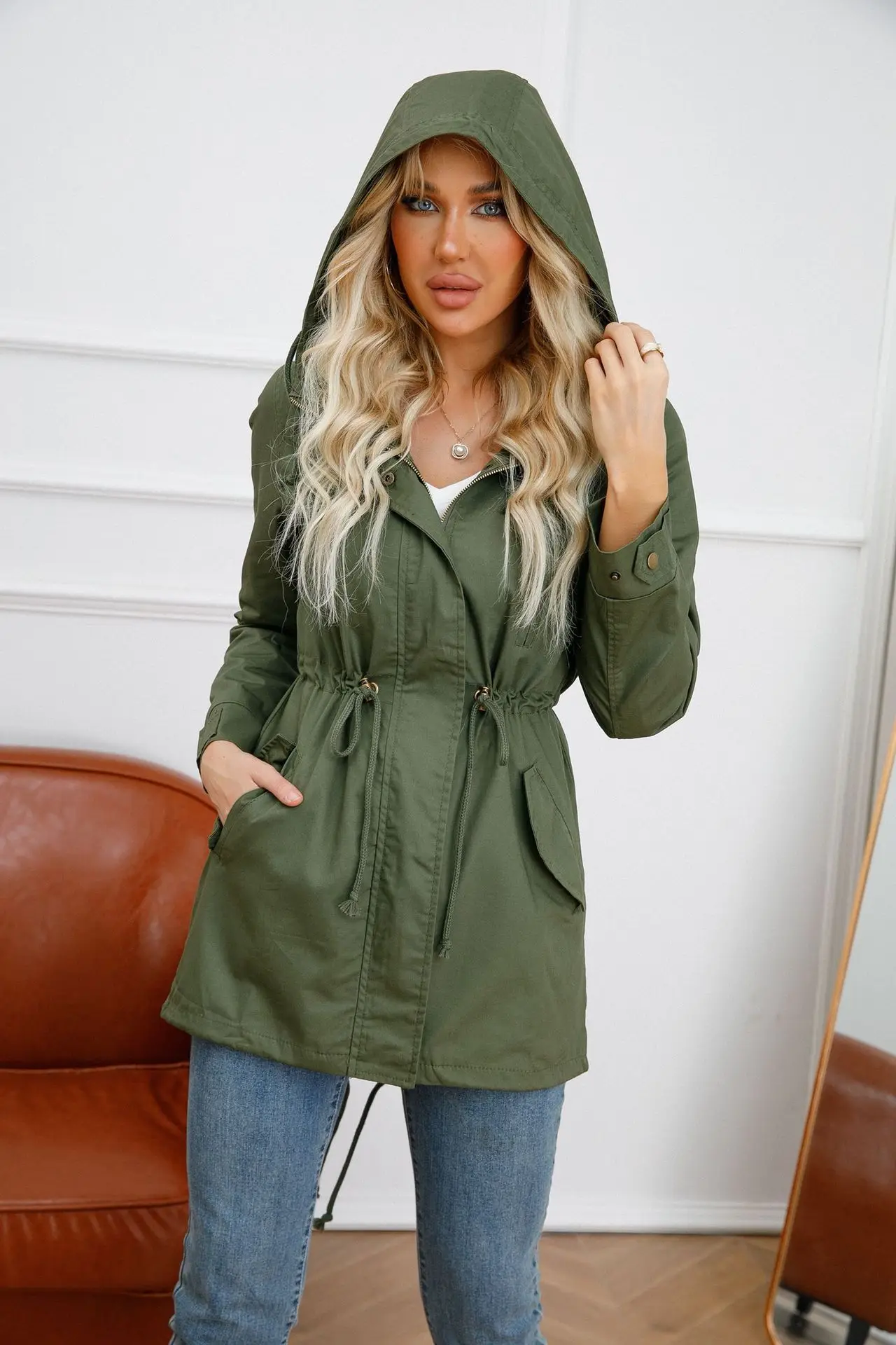 New Cotton Hooded Trench Coat Women's Spring Autumn Jacket Zipper Loose Drawstring Solid Color Windbreaker Women's Clothing