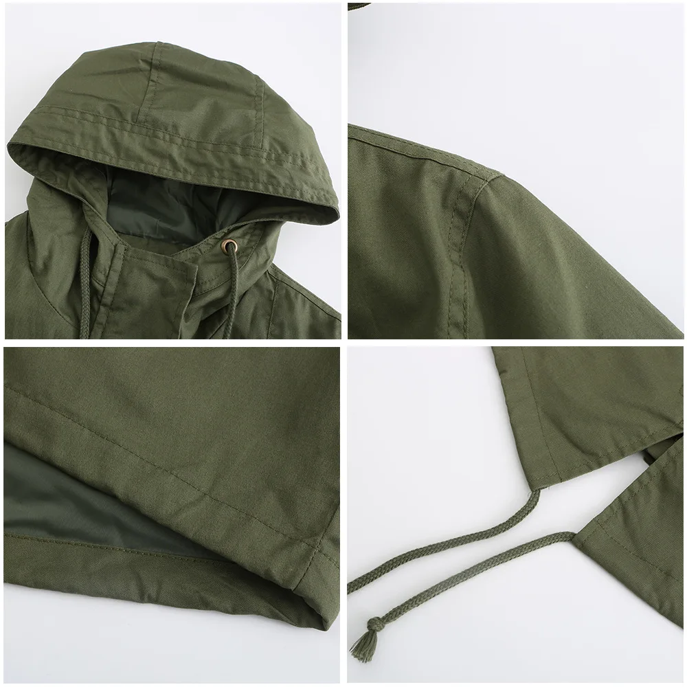 New Cotton Hooded Trench Coat Women's Spring Autumn Jacket Zipper Loose Drawstring Solid Color Windbreaker Women's Clothing