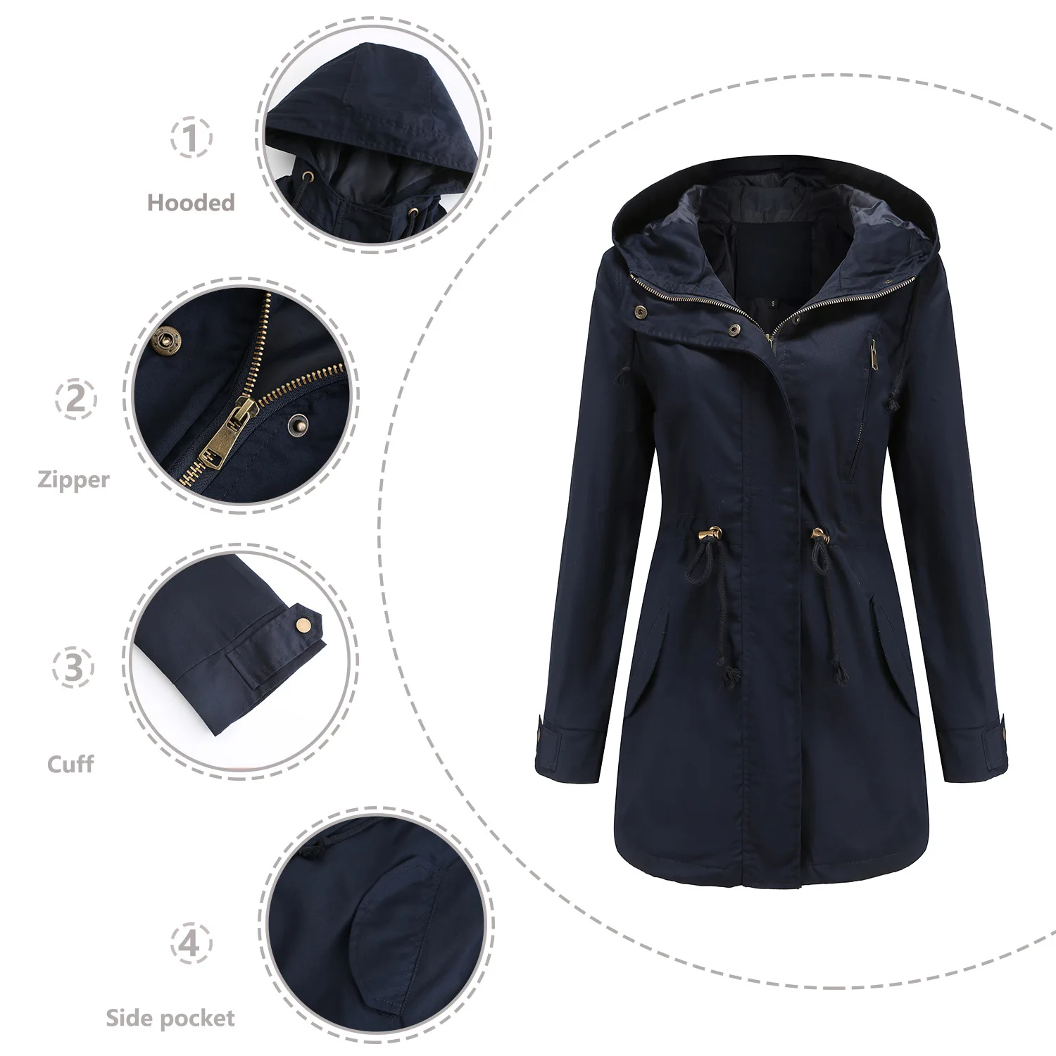 New Cotton Hooded Trench Coat Women's Spring Autumn Jacket Zipper Loose Drawstring Solid Color Windbreaker Women's Clothing