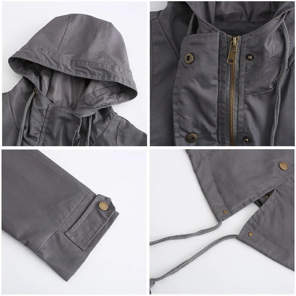 New Cotton Hooded Trench Coat Women's Spring Autumn Jacket Zipper Loose Drawstring Solid Color Windbreaker Women's Clothing