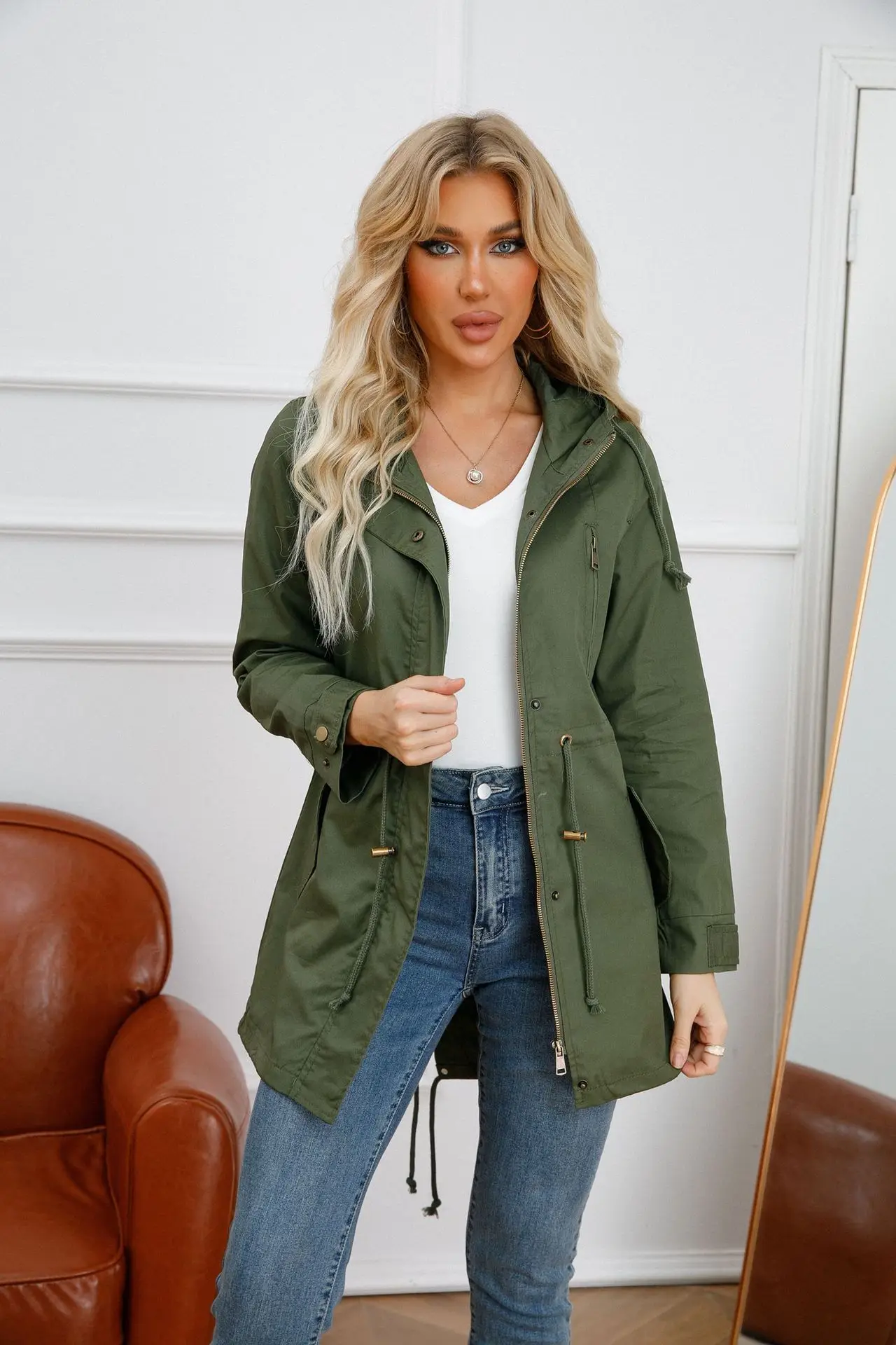 New Cotton Hooded Trench Coat Women's Spring Autumn Jacket Zipper Loose Drawstring Solid Color Windbreaker Women's Clothing