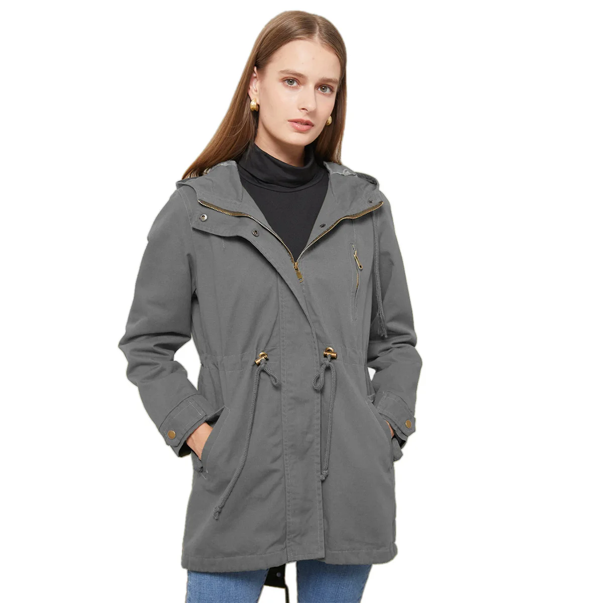 New Cotton Hooded Trench Coat Women's Spring Autumn Jacket Zipper Loose Drawstring Solid Color Windbreaker Women's Clothing