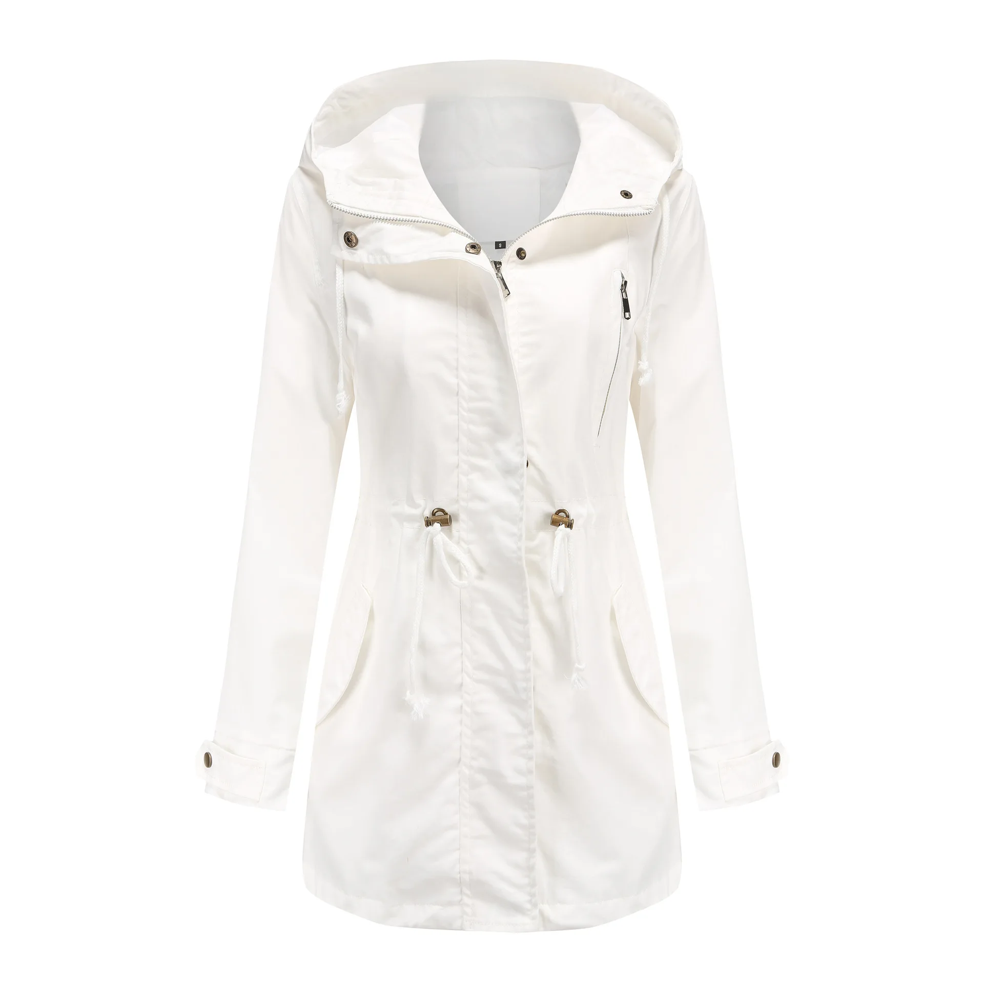 New Cotton Hooded Trench Coat Women's Spring Autumn Jacket Zipper Loose Drawstring Solid Color Windbreaker Women's Clothing