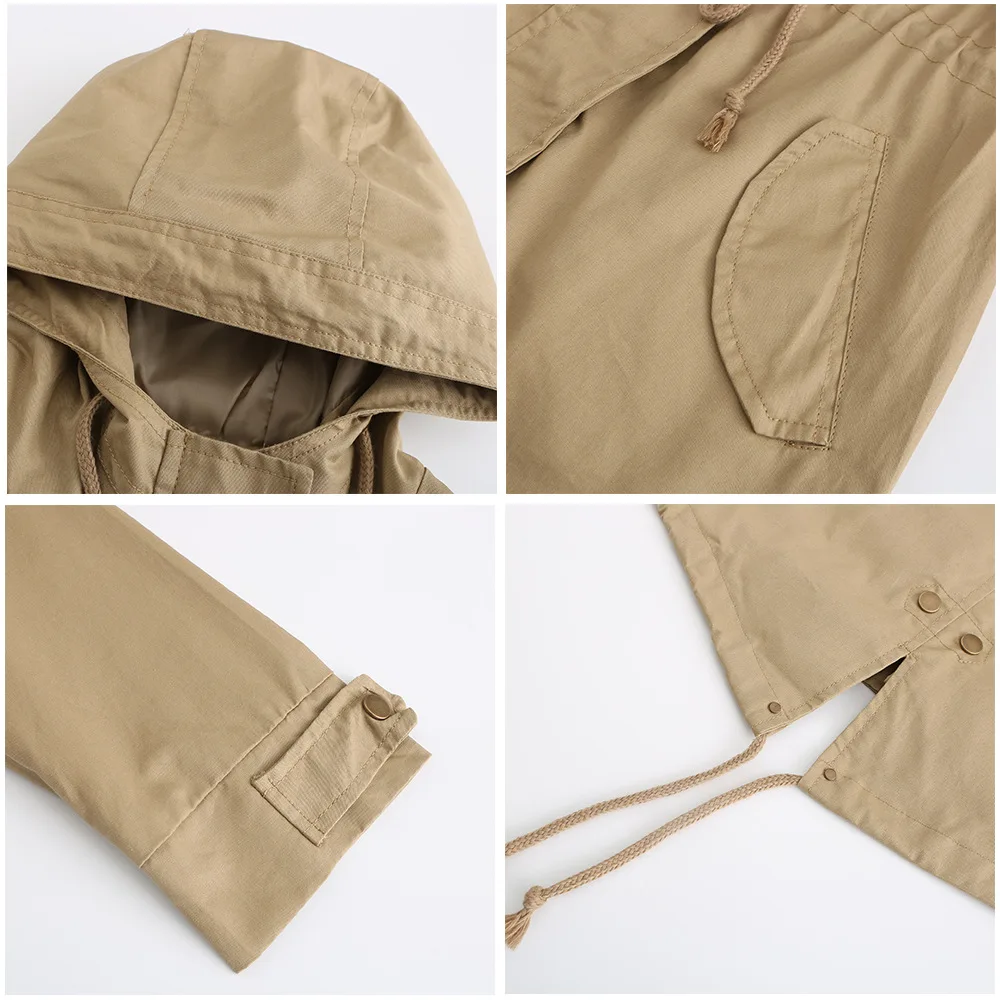 New Cotton Hooded Trench Coat Women's Spring Autumn Jacket Zipper Loose Drawstring Solid Color Windbreaker Women's Clothing