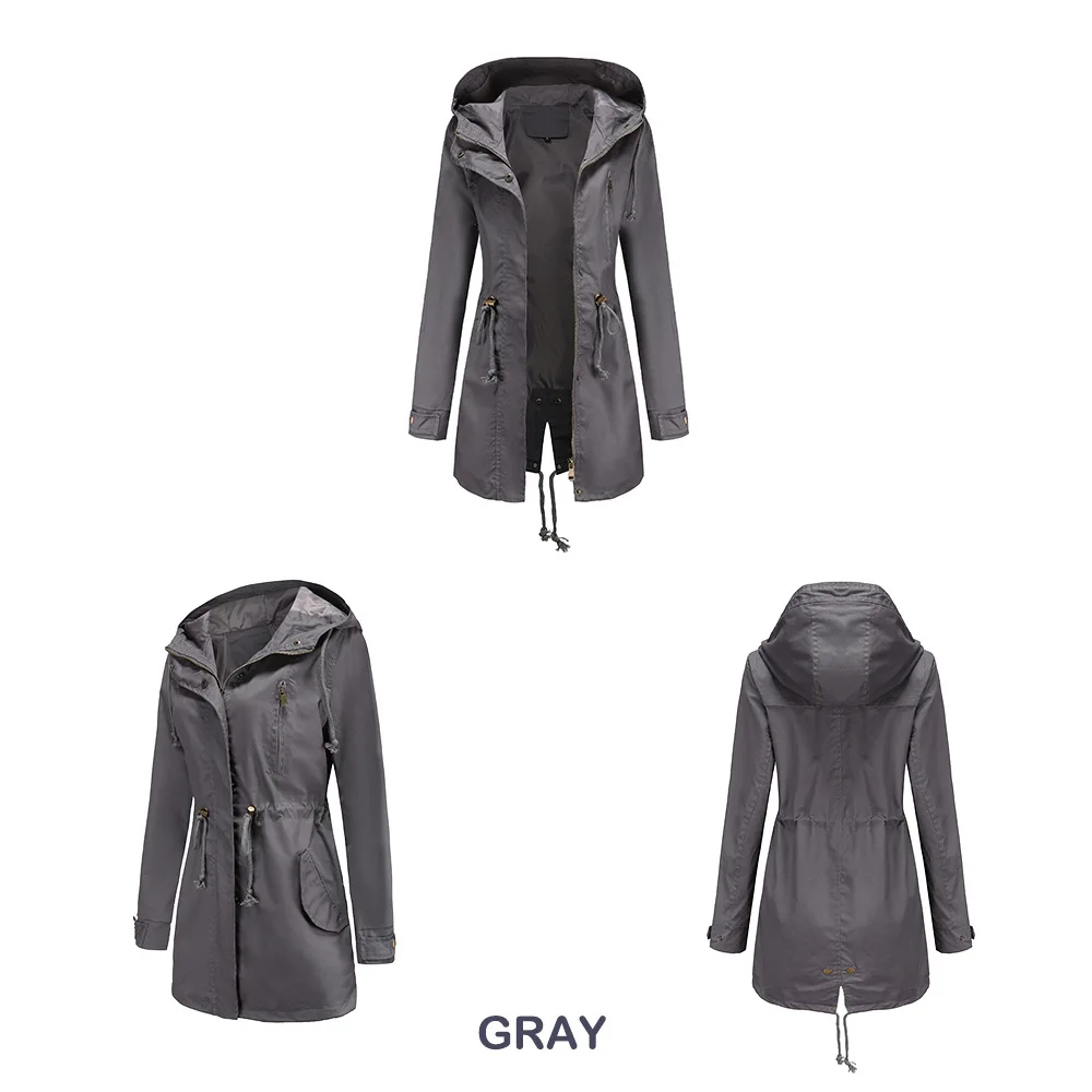 New Cotton Hooded Trench Coat Women's Spring Autumn Jacket Zipper Loose Drawstring Solid Color Windbreaker Women's Clothing