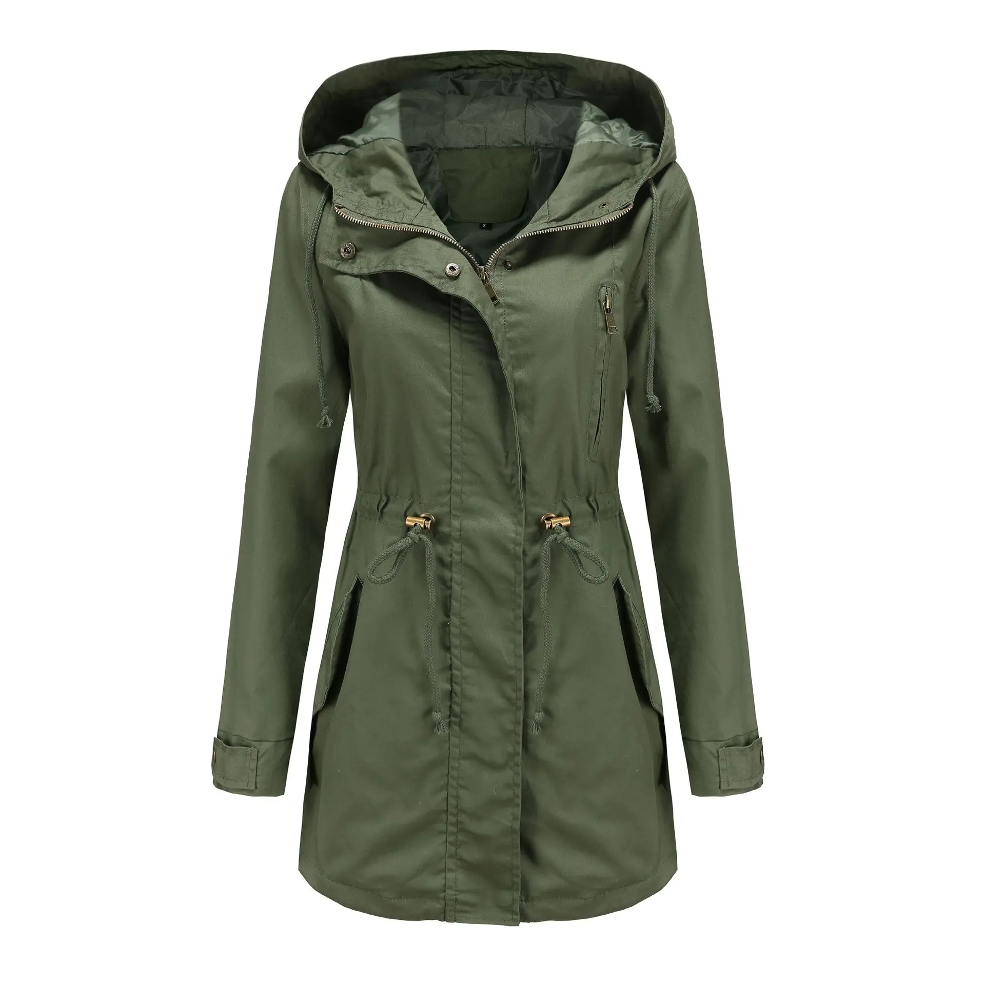 New Cotton Hooded Trench Coat Women's Spring Autumn Jacket Zipper Loose Drawstring Solid Color Windbreaker Women's Clothing