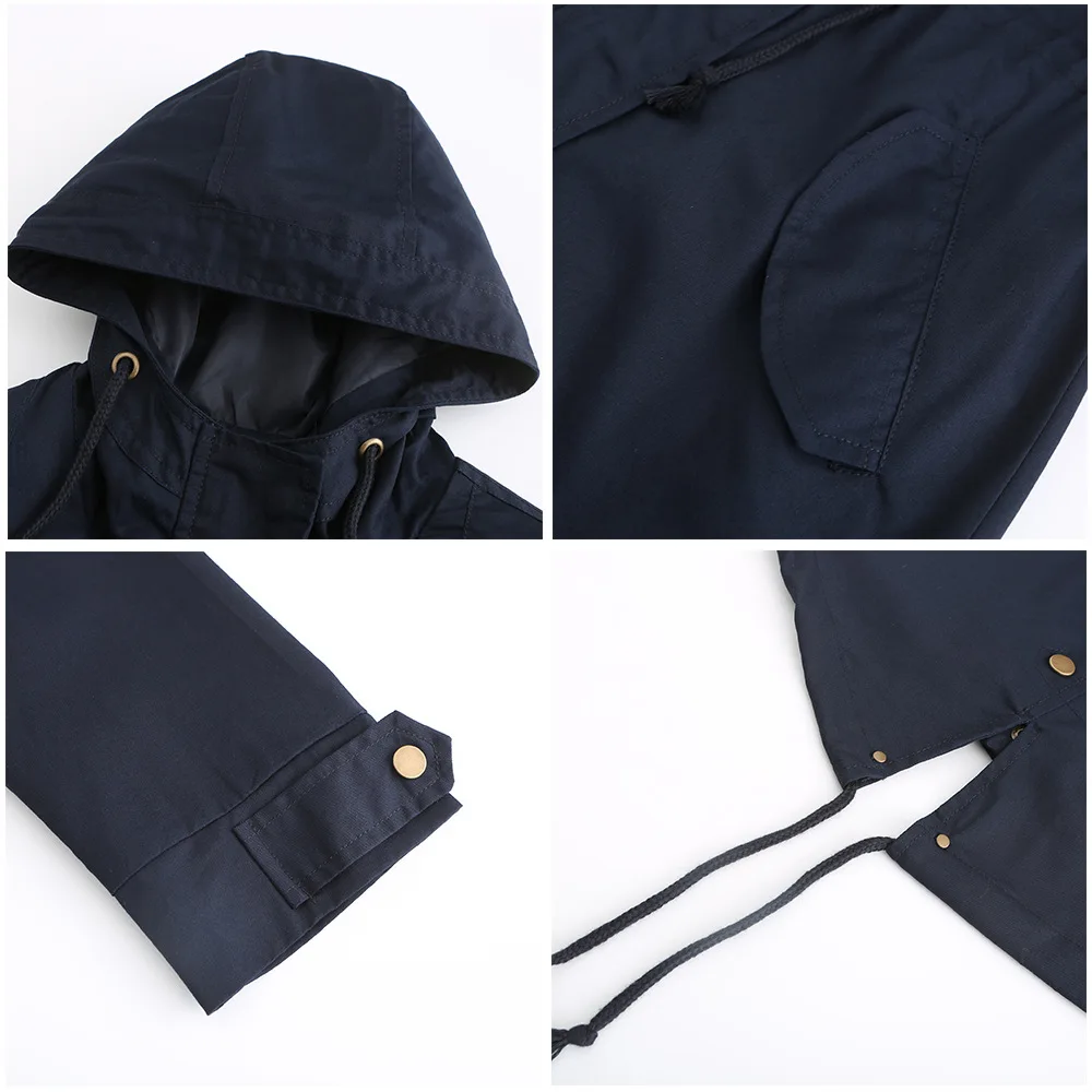 New Cotton Hooded Trench Coat Women's Spring Autumn Jacket Zipper Loose Drawstring Solid Color Windbreaker Women's Clothing