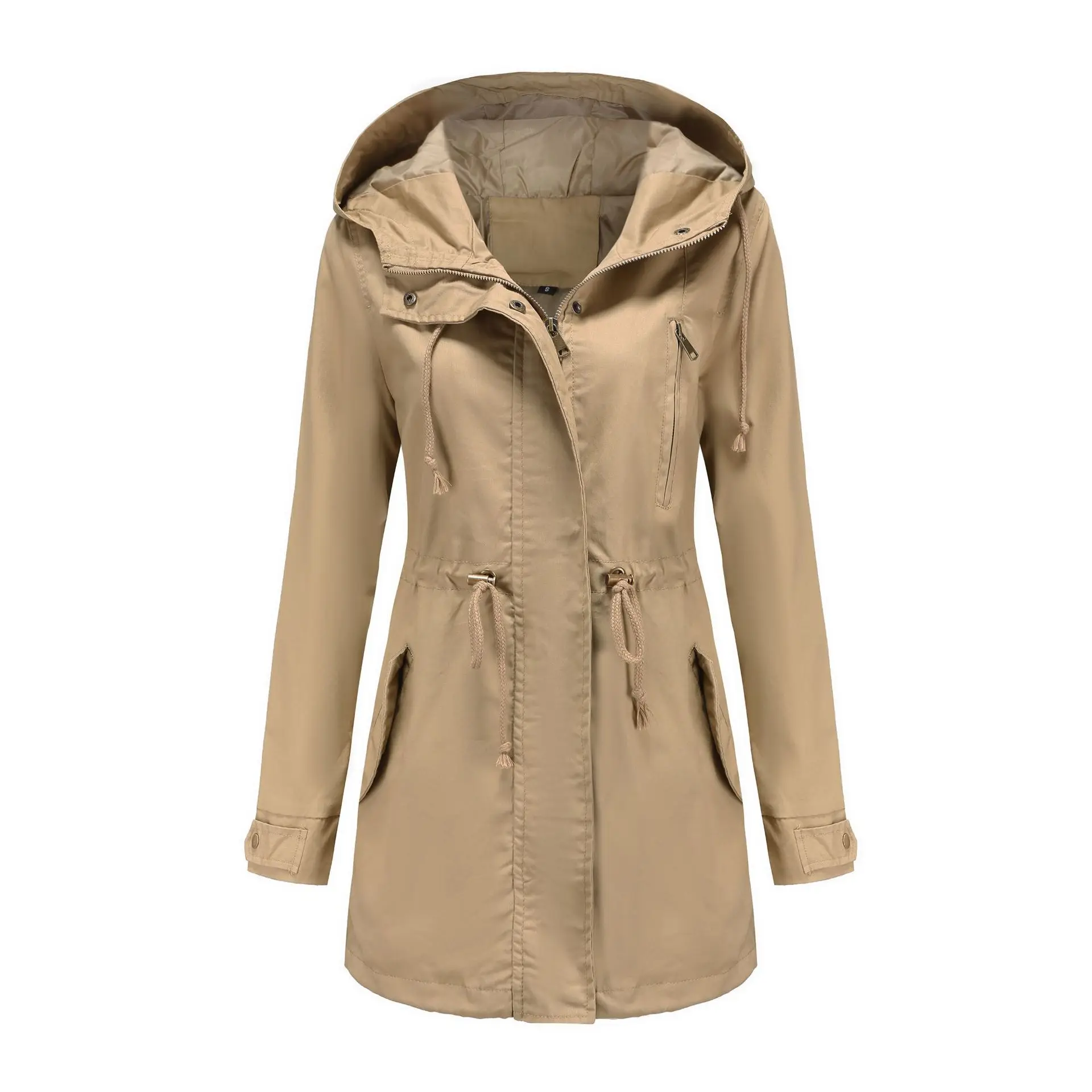 New Cotton Hooded Trench Coat Women's Spring Autumn Jacket Zipper Loose Drawstring Solid Color Windbreaker Women's Clothing