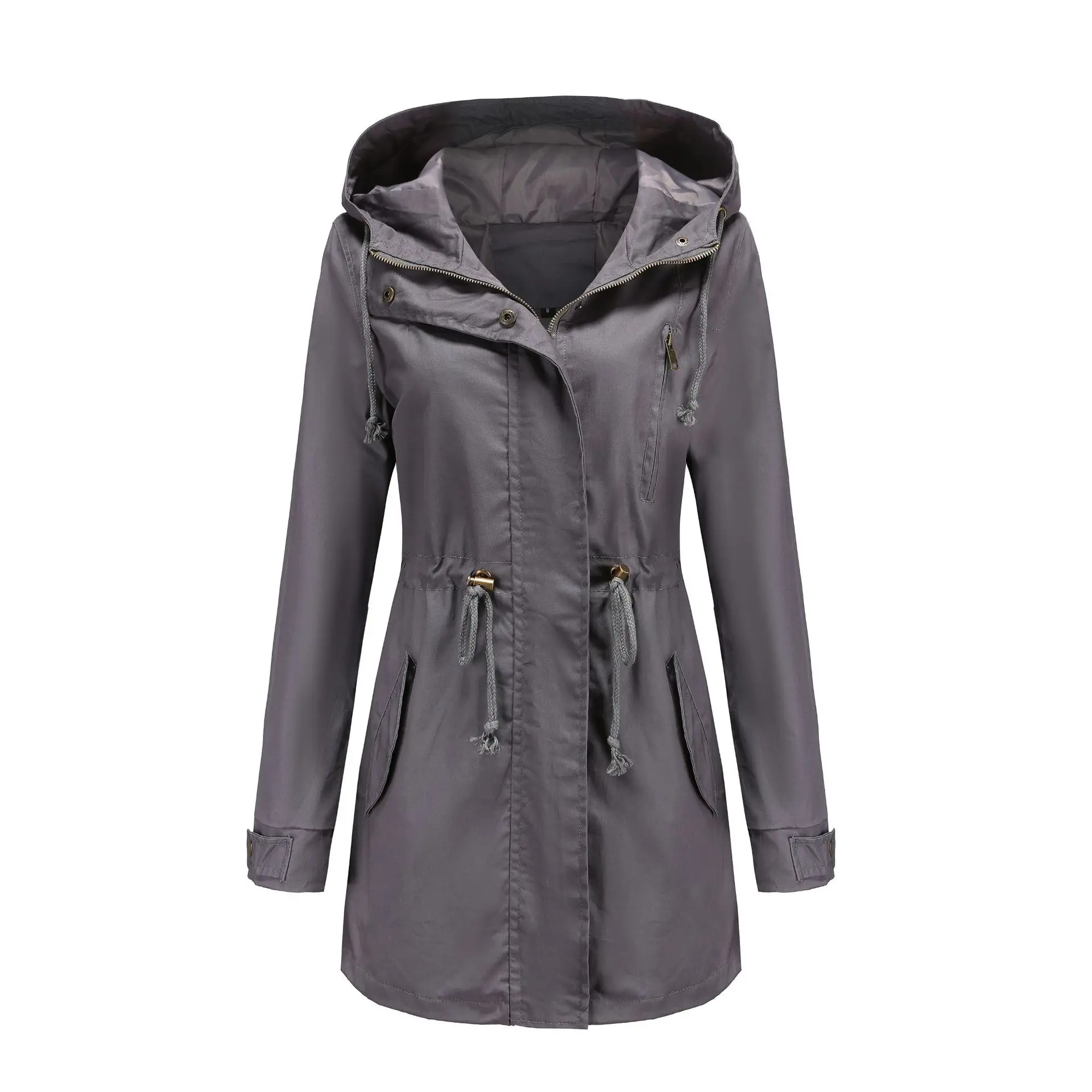 New Cotton Hooded Trench Coat Women's Spring Autumn Jacket Zipper Loose Drawstring Solid Color Windbreaker Women's Clothing