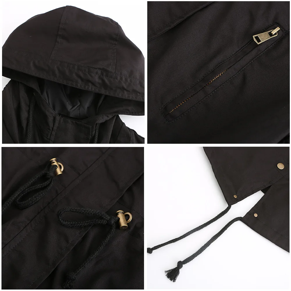 New Cotton Hooded Trench Coat Women's Spring Autumn Jacket Zipper Loose Drawstring Solid Color Windbreaker Women's Clothing