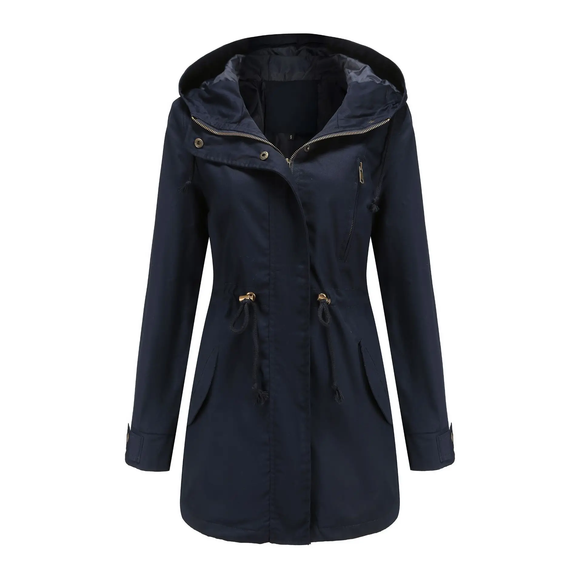 New Cotton Hooded Trench Coat Women's Spring Autumn Jacket Zipper Loose Drawstring Solid Color Windbreaker Women's Clothing