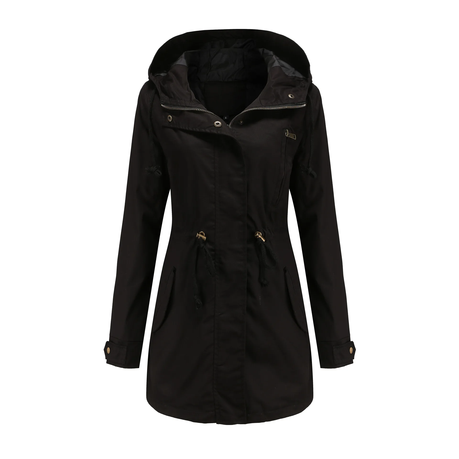 New Cotton Hooded Trench Coat Women's Spring Autumn Jacket Zipper Loose Drawstring Solid Color Windbreaker Women's Clothing