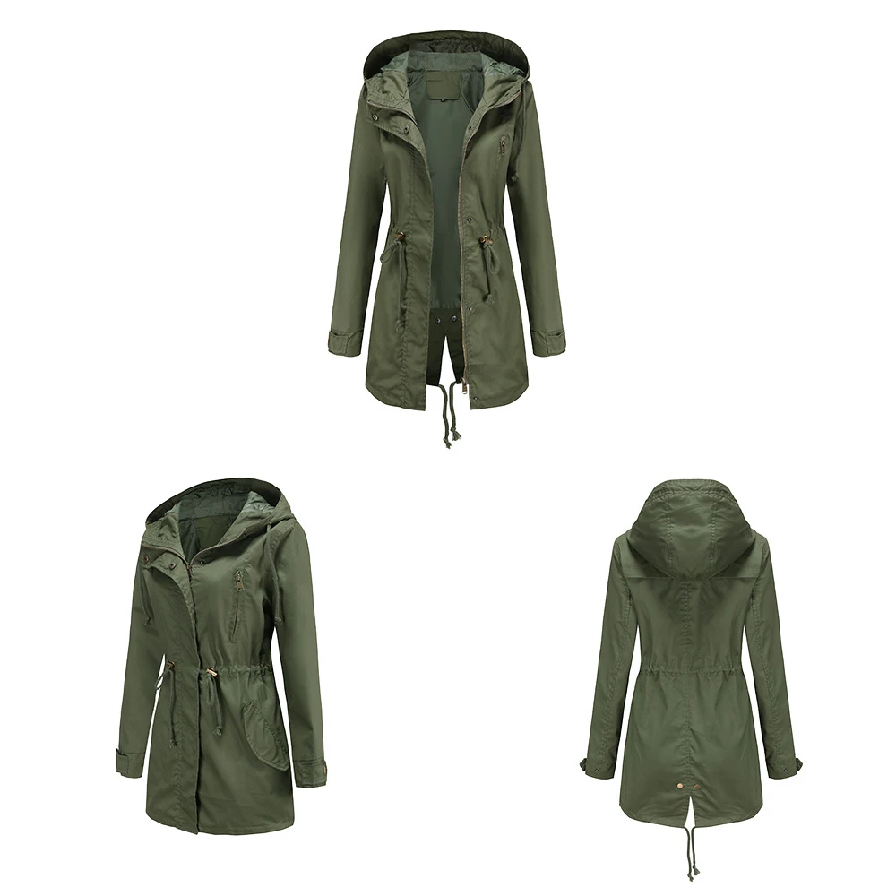 New Cotton Hooded Trench Coat Women's Spring Autumn Jacket Zipper Loose Drawstring Solid Color Windbreaker Women's Clothing