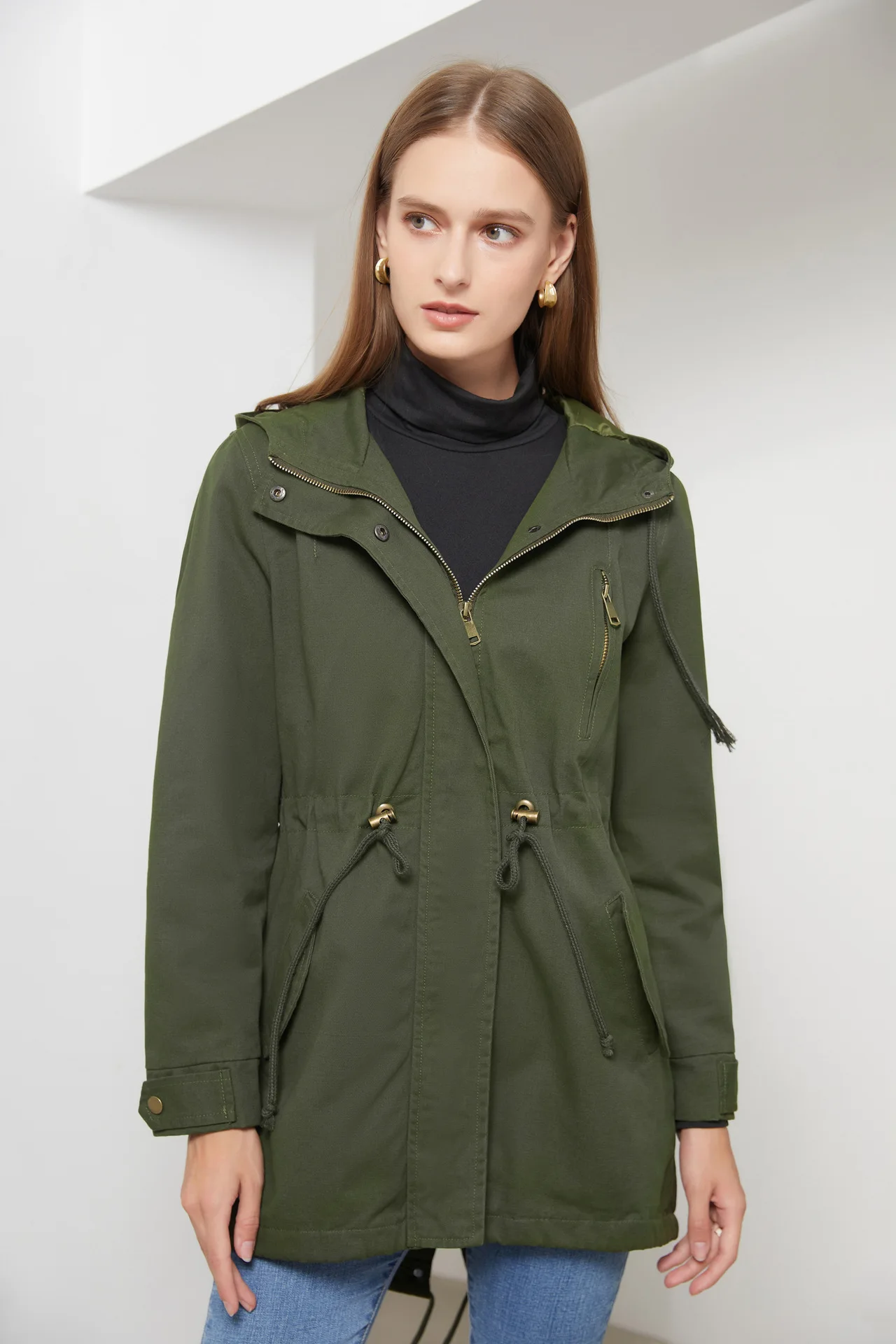 New Cotton Hooded Trench Coat Women's Spring Autumn Jacket Zipper Loose Drawstring Solid Color Windbreaker Women's Clothing